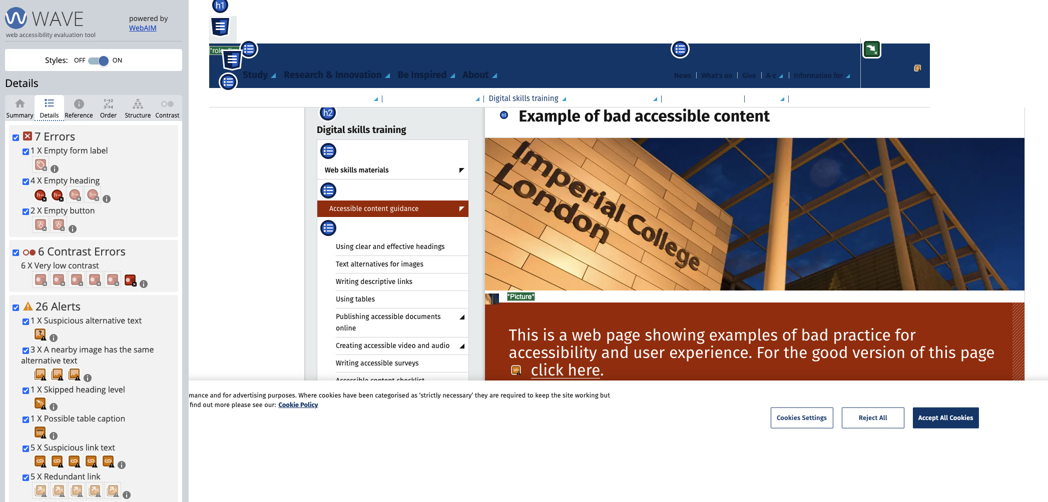 Example of a WAVE run on an example of bad accessibility provided by Imperial College London